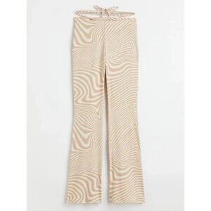 70s Groovy Retro Swirl Print Flare Pants Y2K Festival M Tie Wrap Waist Boho